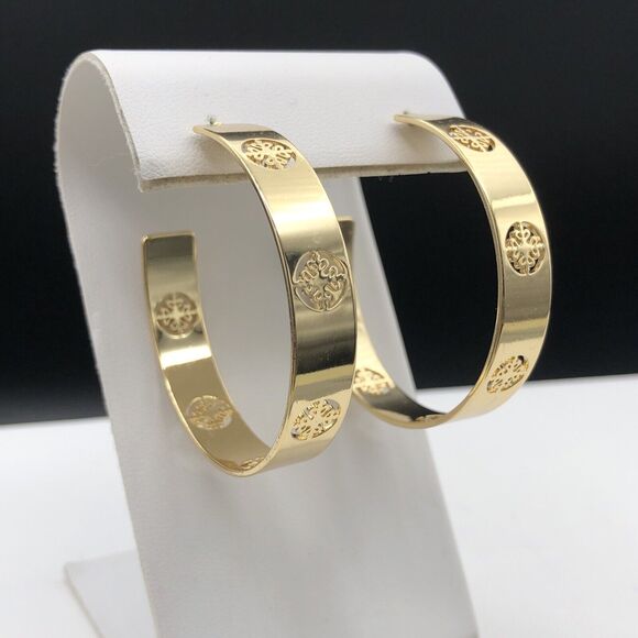 Hoop Earrings Chunky Gold Tone Cutout - Picture 2 of 5